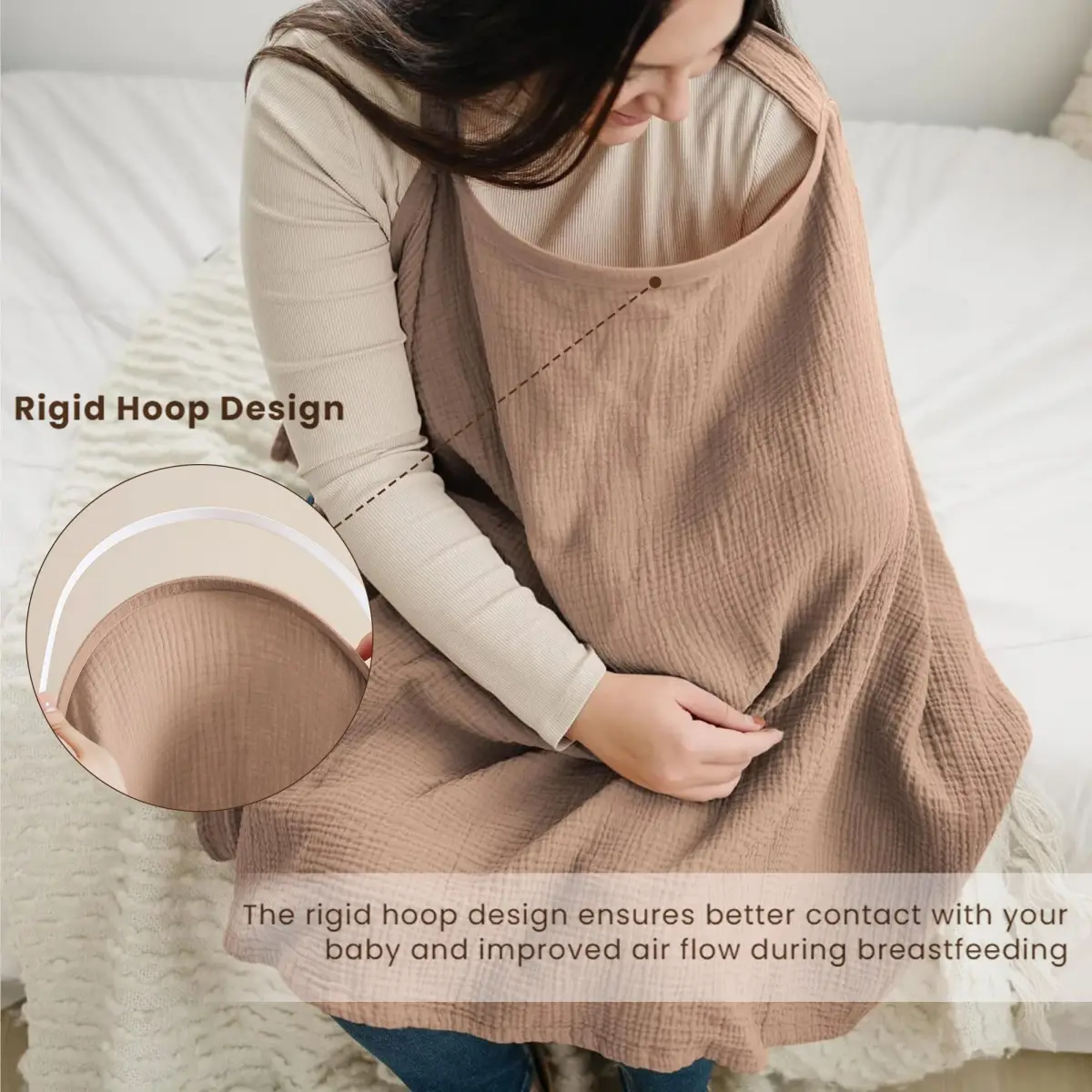 Konssy Muslin Nursing Cover Up for Breastfeeding with Rigid Hoop, 100% Cotton (Brown) | Breathable & Skin-Friendly for Moms & Babies - view 3