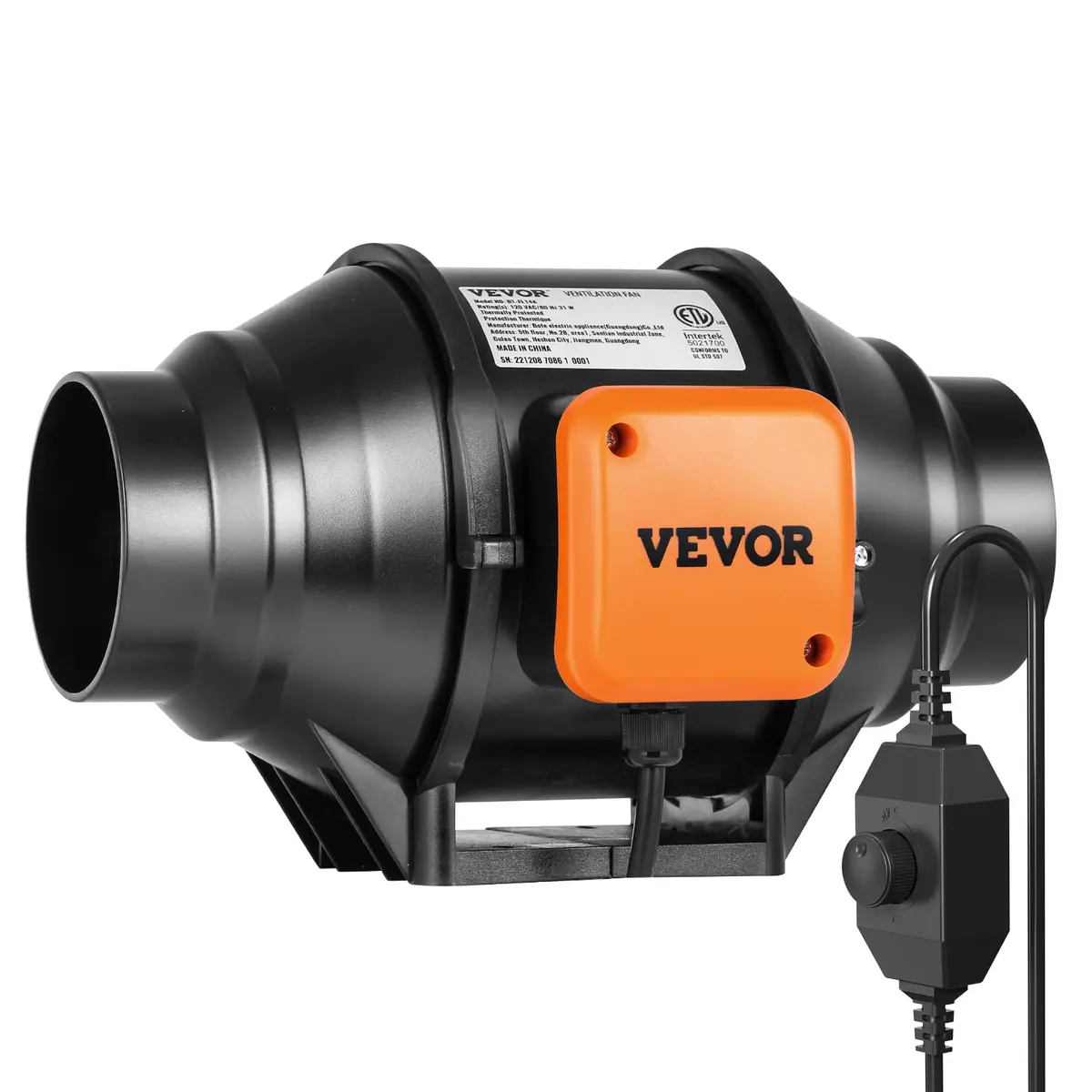 VEVOR Inline Duct Fan, 4-Inch 200 CFM with Variable Speed Controller, Quiet AC-Motor Ventilation Exhaust Fan for Hydroponics & Grow Tents - main product image