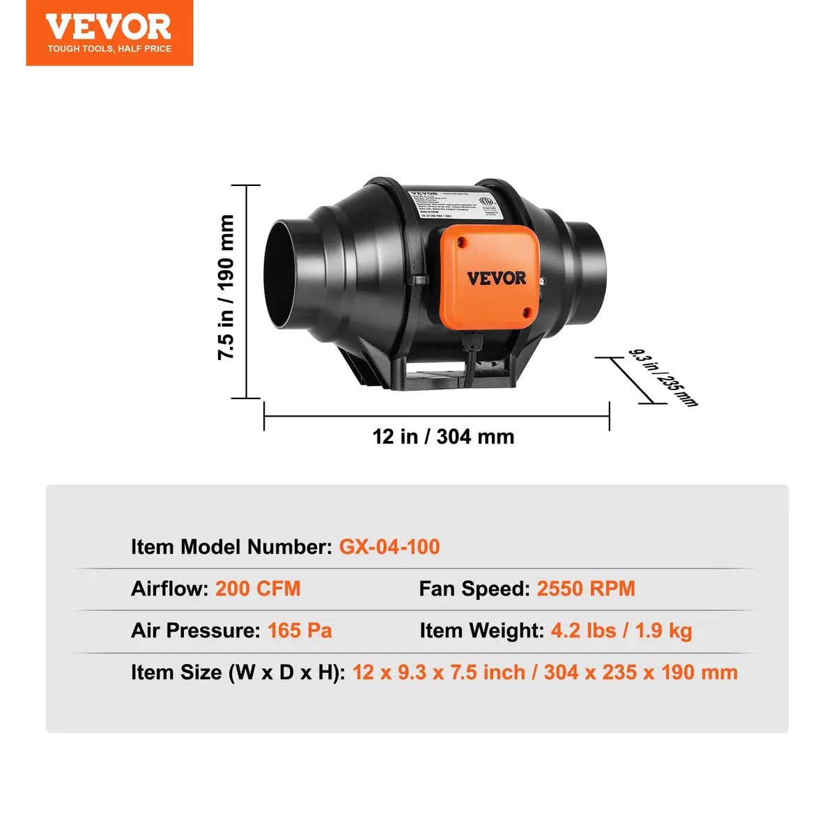 VEVOR Inline Duct Fan, 4-Inch 200 CFM with Variable Speed Controller, Quiet AC-Motor Ventilation Exhaust Fan for Hydroponics & Grow Tents - view 7
