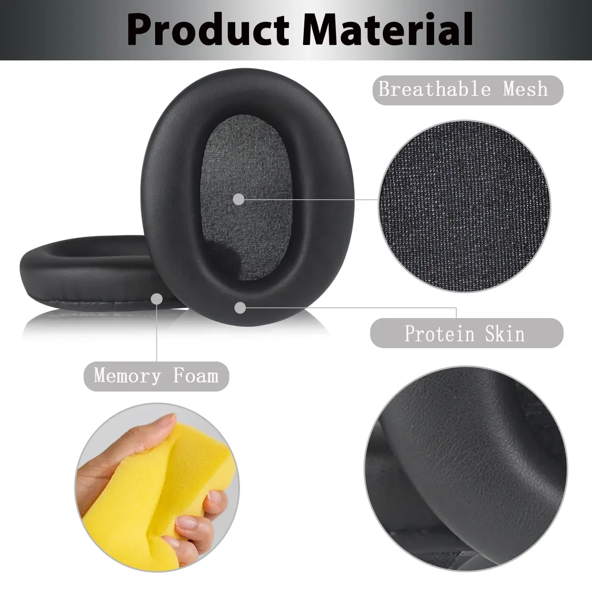 Adhiper Black Replacement Ear Pads for Sony WH-CH720N, WH-CH710N Headphones | Soft Protein Leather & Memory Foam - view 5