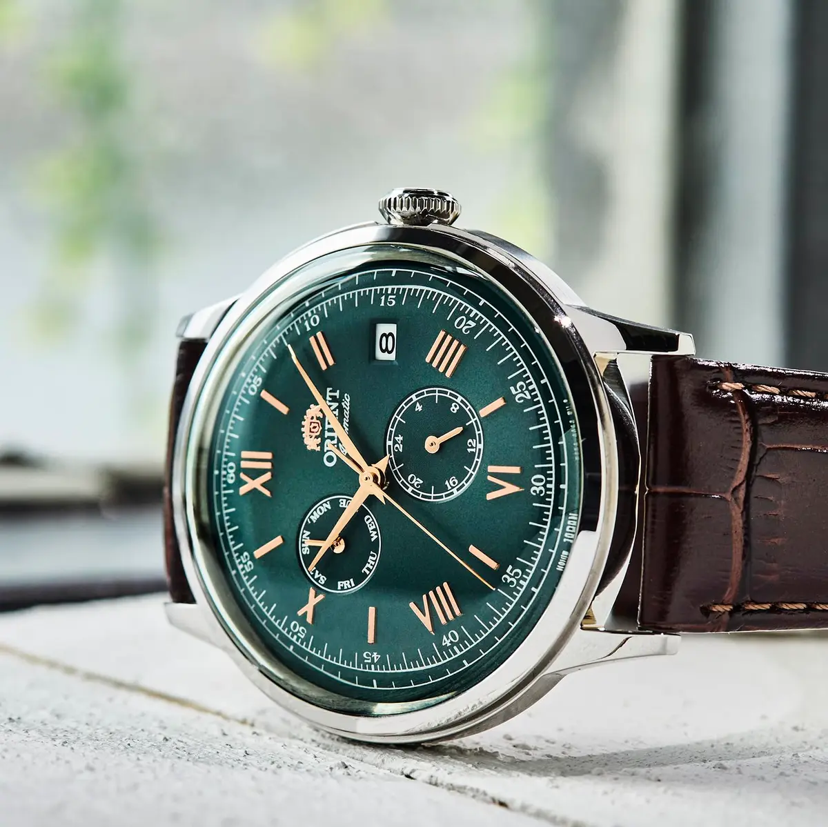 Orient Bambino RN-AK0703E Automatic Watch, Green Dial, 40.5mm Stainless Steel Case, Brown Calf Strap - view 4