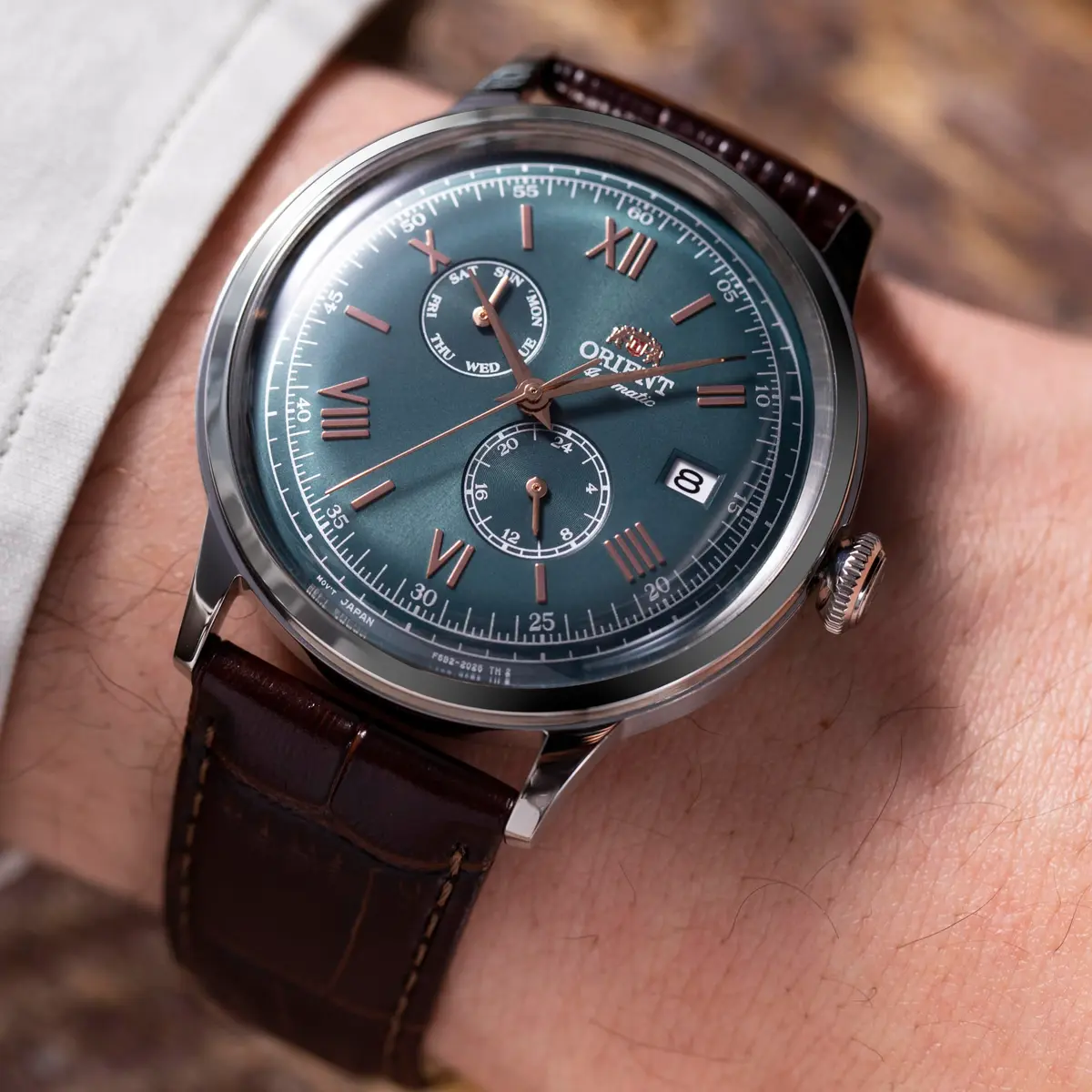 Orient Bambino RN-AK0703E Automatic Watch, Green Dial, 40.5mm Stainless Steel Case, Brown Calf Strap - view 5