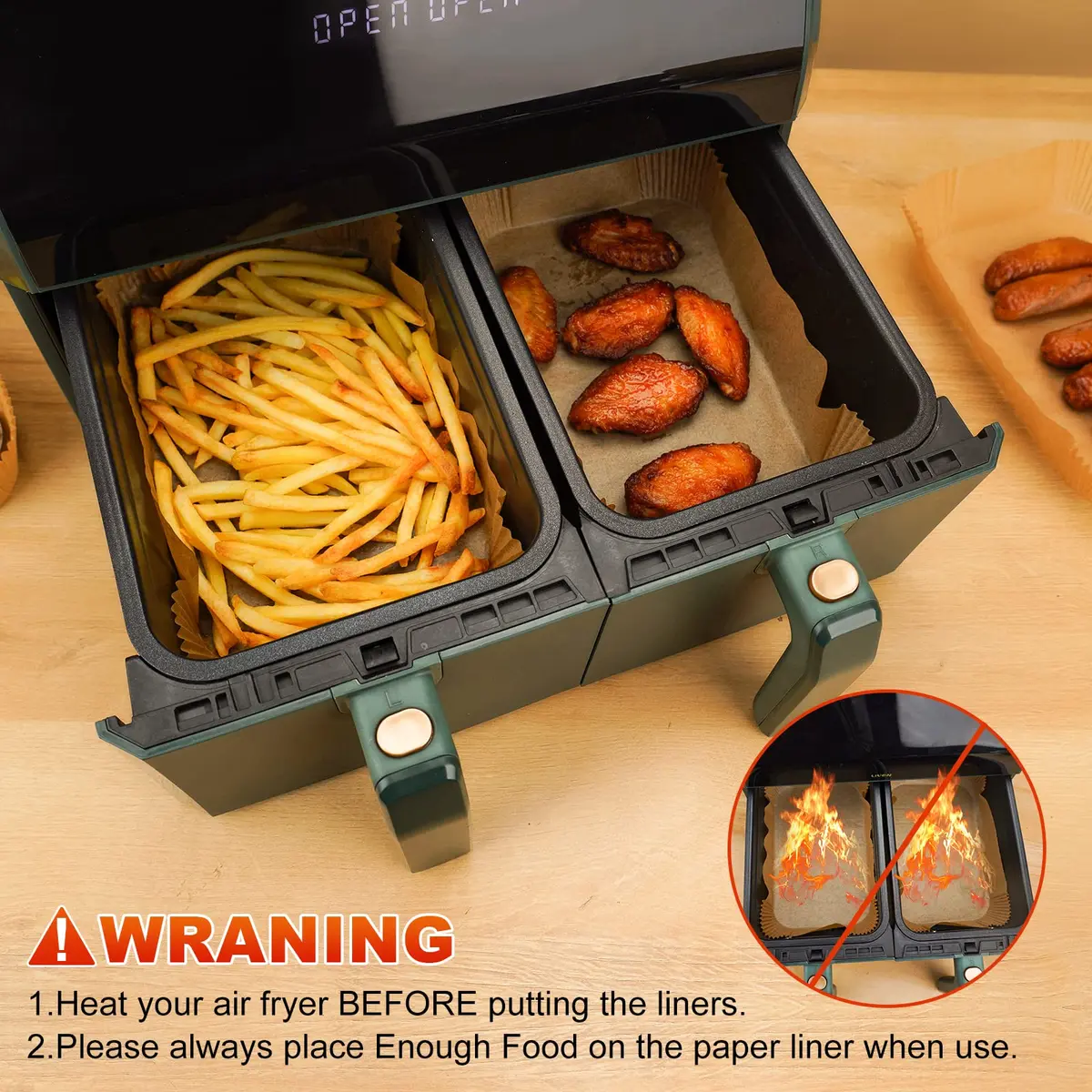 ctizne Air Fryer Disposable Paper Liners 125Pcs Rectangle 8.6x5.5" | Waterproof, Non-stick, for Dual Basket - view 5