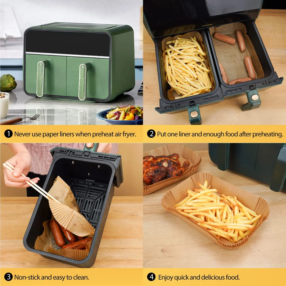 ctizne Air Fryer Disposable Paper Liners 125Pcs Rectangle 8.6x5.5" | Waterproof, Non-stick, for Dual Basket - view 6