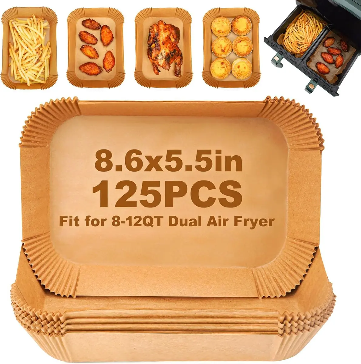 ctizne Air Fryer Disposable Paper Liners 125Pcs Rectangle 8.6x5.5" | Waterproof, Non-stick, for Dual Basket - main product image