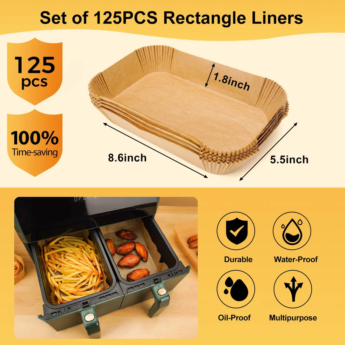 ctizne Air Fryer Disposable Paper Liners 125Pcs Rectangle 8.6x5.5" | Waterproof, Non-stick, for Dual Basket - view 2