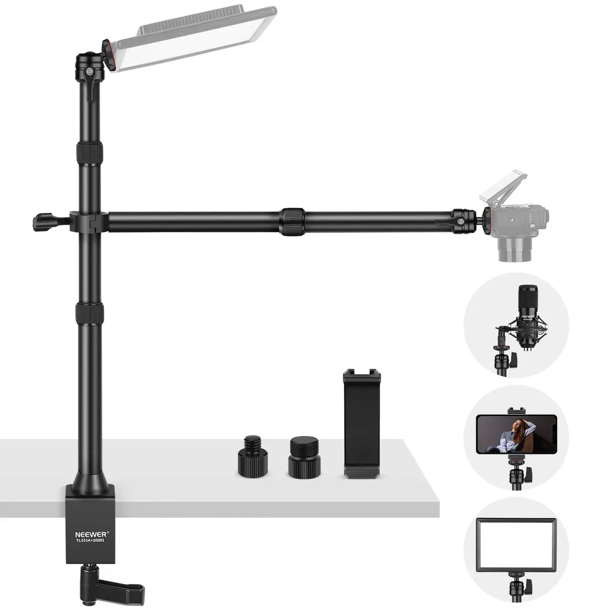 NEEWER TL253A+DS001 Table Camera Tripod with 2 Telescopic Arms & Phone Holder, 120cm (47") Light Stand | Versatile Studio Mount for Content Creation - main product image