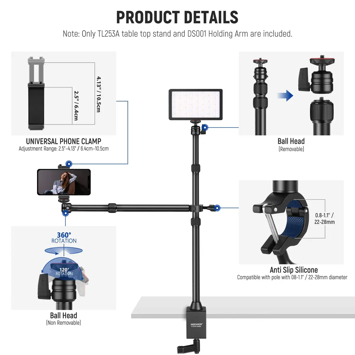 NEEWER TL253A+DS001 Table Camera Tripod with 2 Telescopic Arms & Phone Holder, 120cm (47") Light Stand | Versatile Studio Mount for Content Creation - view 5