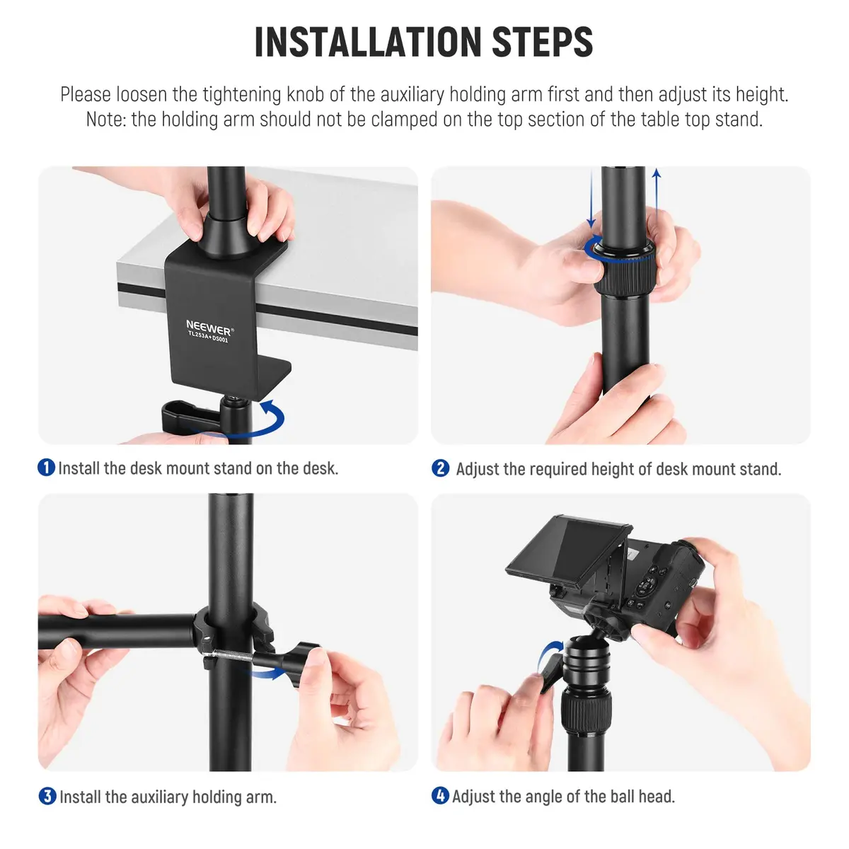 NEEWER TL253A+DS001 Table Camera Tripod with 2 Telescopic Arms & Phone Holder, 120cm (47") Light Stand | Versatile Studio Mount for Content Creation - view 6