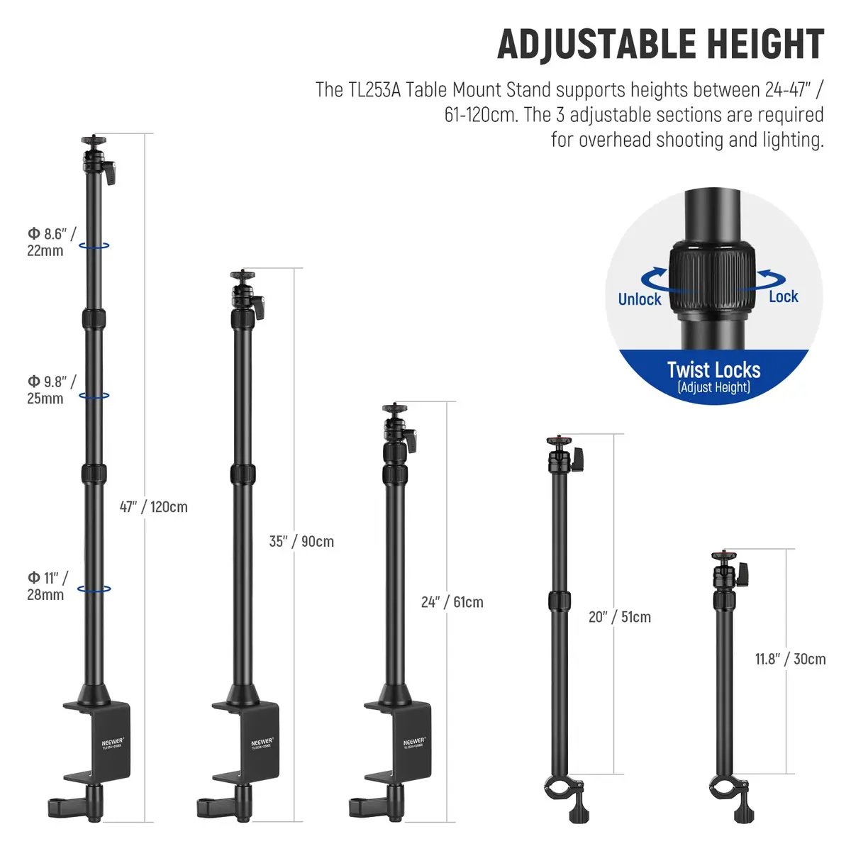 NEEWER TL253A+DS001 Table Camera Tripod with 2 Telescopic Arms & Phone Holder, 120cm (47") Light Stand | Versatile Studio Mount for Content Creation - view 2