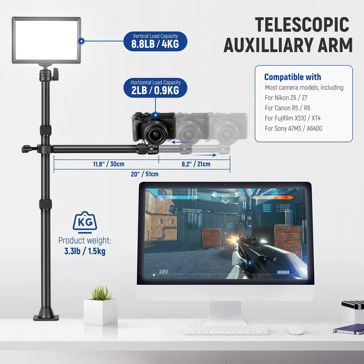 NEEWER TL253A+DS001 Table Camera Tripod with 2 Telescopic Arms & Phone Holder, 120cm (47") Light Stand | Versatile Studio Mount for Content Creation - view 3
