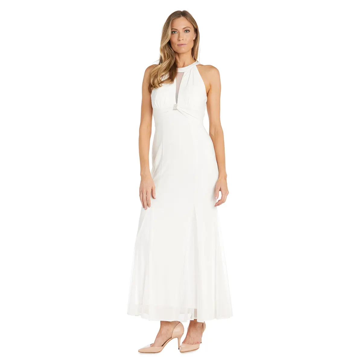 NIGHTWAY Womens Sleeveless Long Dress W/Rhinestone Trim Ivory 4 US | Elegant Evening Gown - main product image