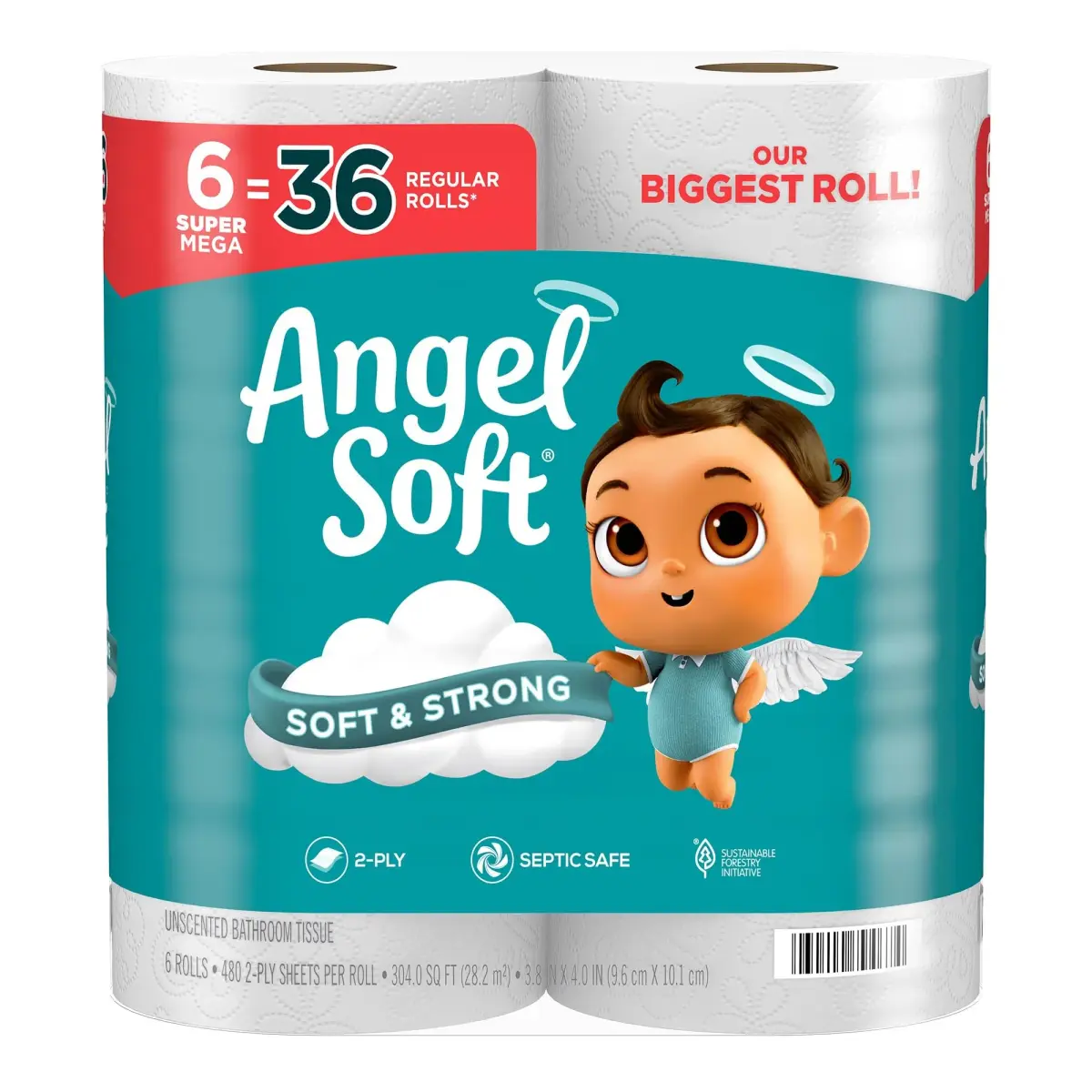 Angel Soft Toilet Paper 6 Super Mega Rolls (2880 Sheets Total) | Soft, Strong, Septic Safe - main product image