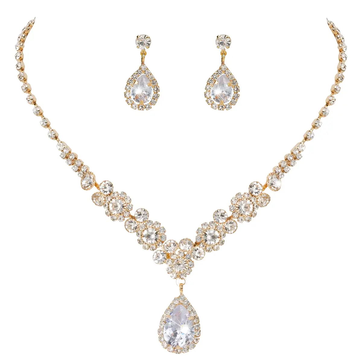 COCIDE Bride Jewelry Set Silver Crystal Wedding Necklace Earrings Bridal Rhinestone Teardrop Pendant 45cm (17.71in) | Elegant Bridal Accessory - main product image