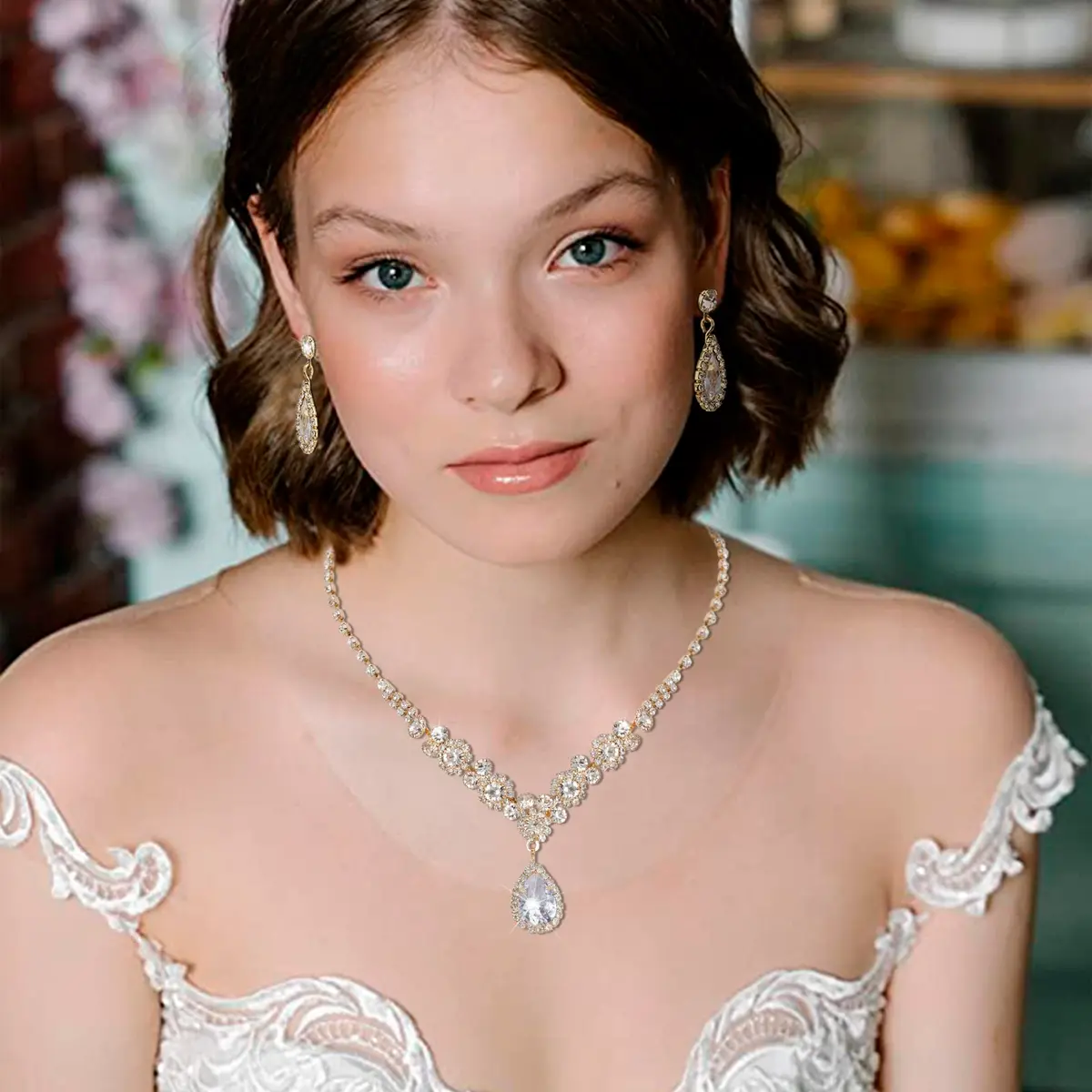 COCIDE Bride Jewelry Set Silver Crystal Wedding Necklace Earrings Bridal Rhinestone Teardrop Pendant 45cm (17.71in) | Elegant Bridal Accessory - view 5