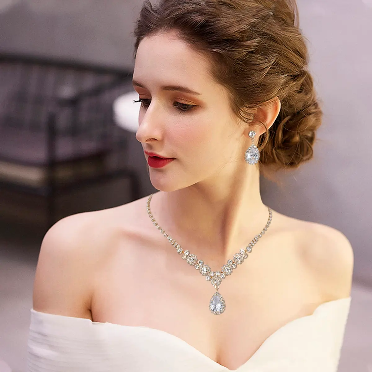 COCIDE Bride Jewelry Set Silver Crystal Wedding Necklace Earrings Bridal Rhinestone Teardrop Pendant 45cm (17.71in) | Elegant Bridal Accessory - view 7