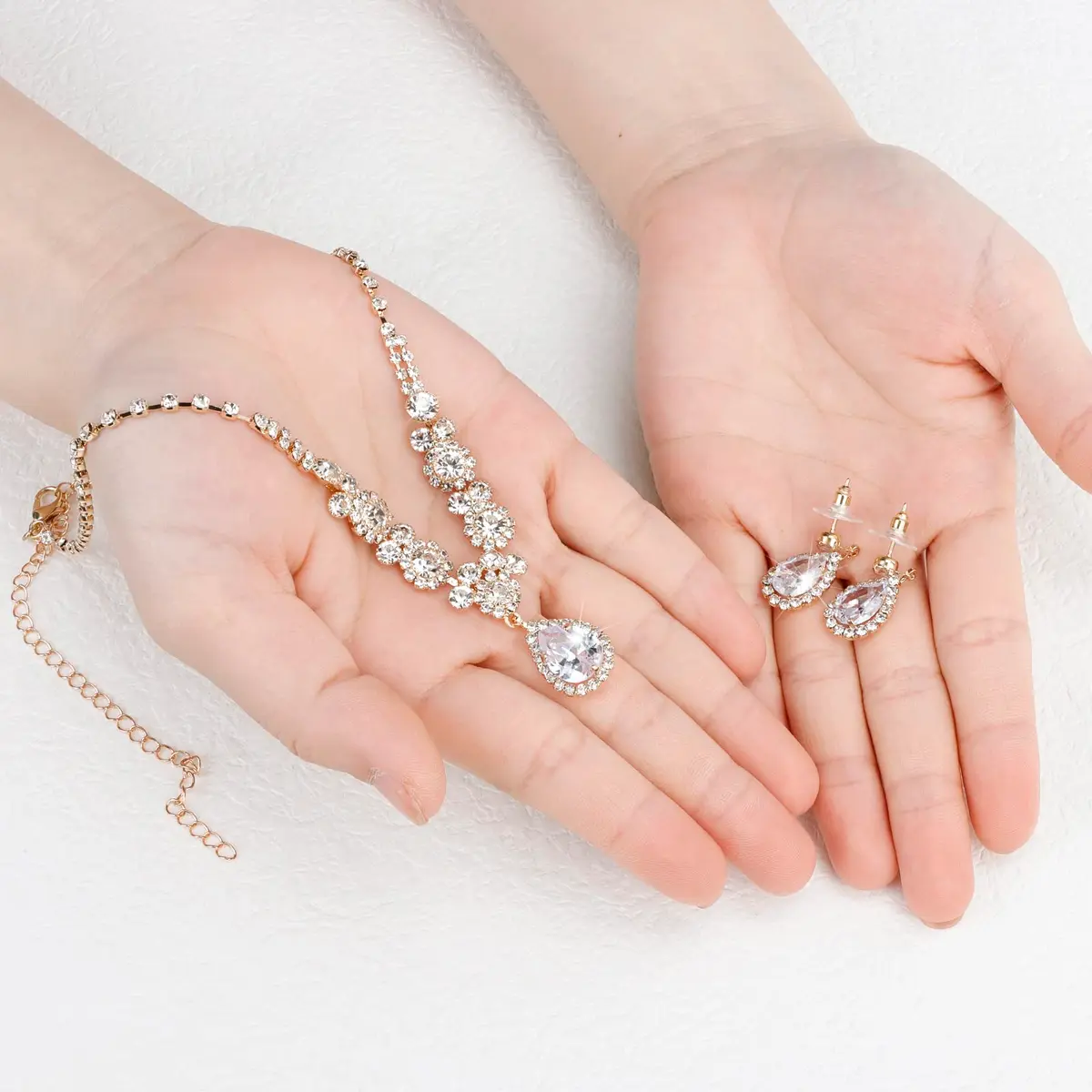 COCIDE Bride Jewelry Set Silver Crystal Wedding Necklace Earrings Bridal Rhinestone Teardrop Pendant 45cm (17.71in) | Elegant Bridal Accessory - view 2