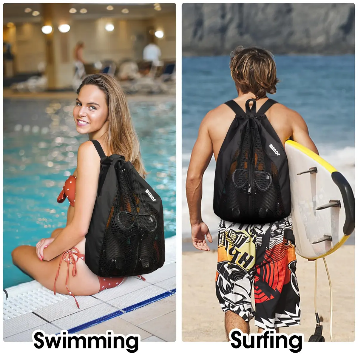 WANDF Mesh Swim Backpack for Swimmers, Breathable Beach Bag (M,Black) | Large Capacity & Quick Dry - view 7