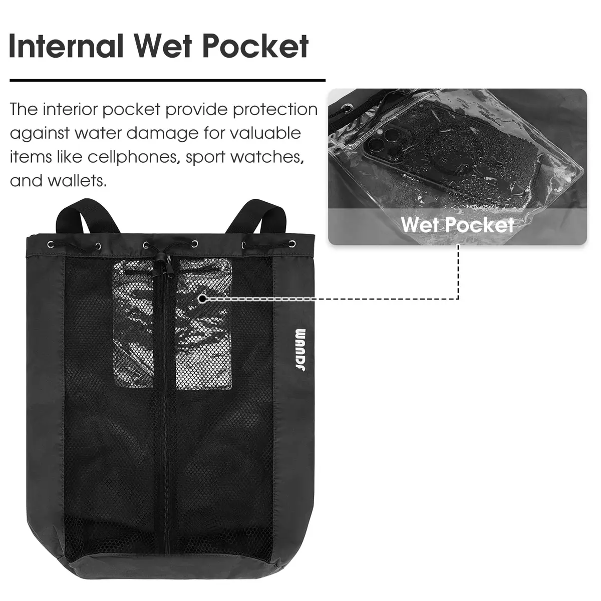 WANDF Mesh Swim Backpack for Swimmers, Breathable Beach Bag (M,Black) | Large Capacity & Quick Dry - view 3
