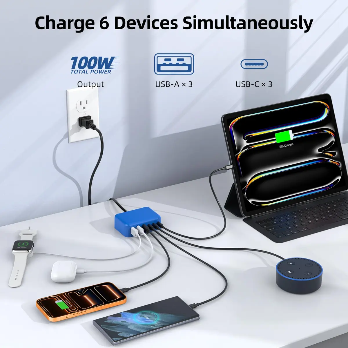 BOVICAS 100W 6 in 1 USB Charger | Fast Charging Multiport Station for Multiple Devices - view 3