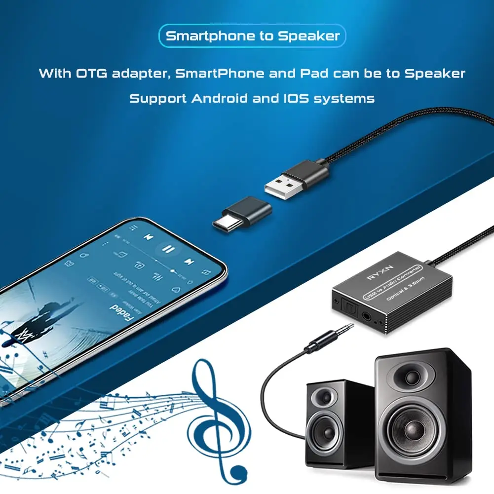 RYXN USB to Optical & 3.5mm Audio Converter with OTG Adapter | 192kHz/24-bit Digital to Analog Audio - view 6