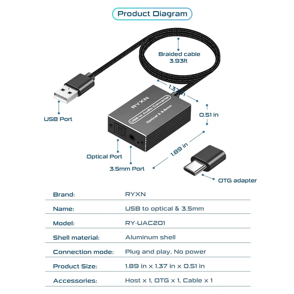 RYXN USB to Optical & 3.5mm Audio Converter with OTG Adapter | 192kHz/24-bit Digital to Analog Audio - view 7