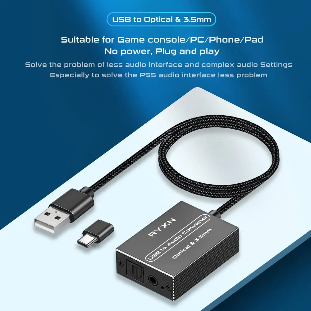 RYXN USB to Optical & 3.5mm Audio Converter with OTG Adapter | 192kHz/24-bit Digital to Analog Audio - view 2