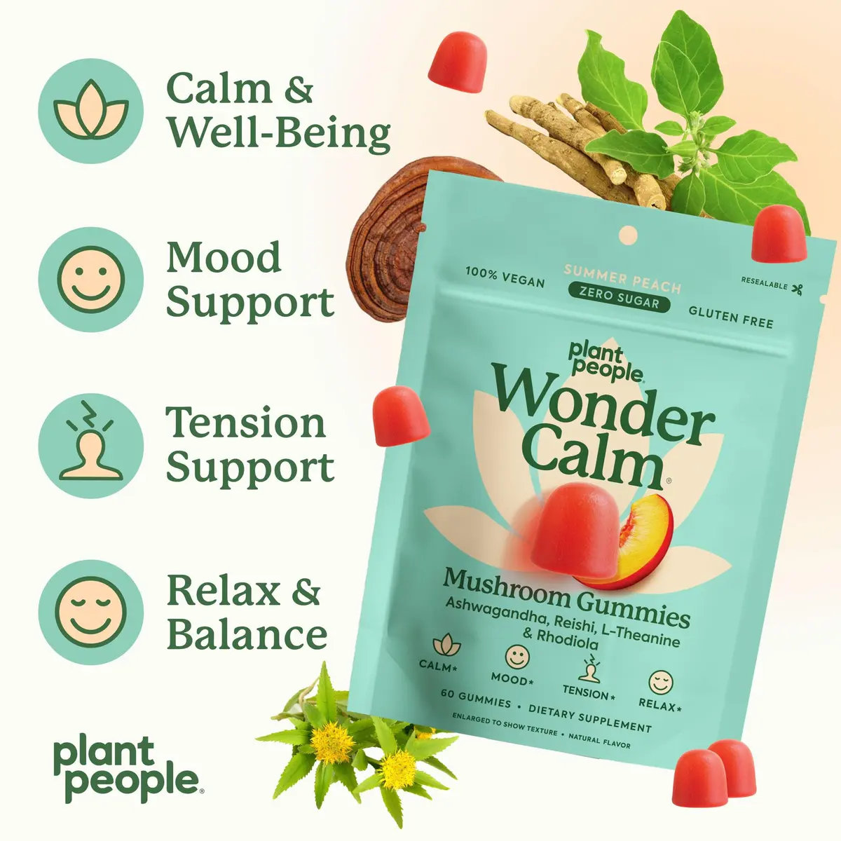 Plant People WonderCalm Mushroom & Ashwagandha Gummies, Peach Flavor 60ct | Support Calm & Well-Being - view 4