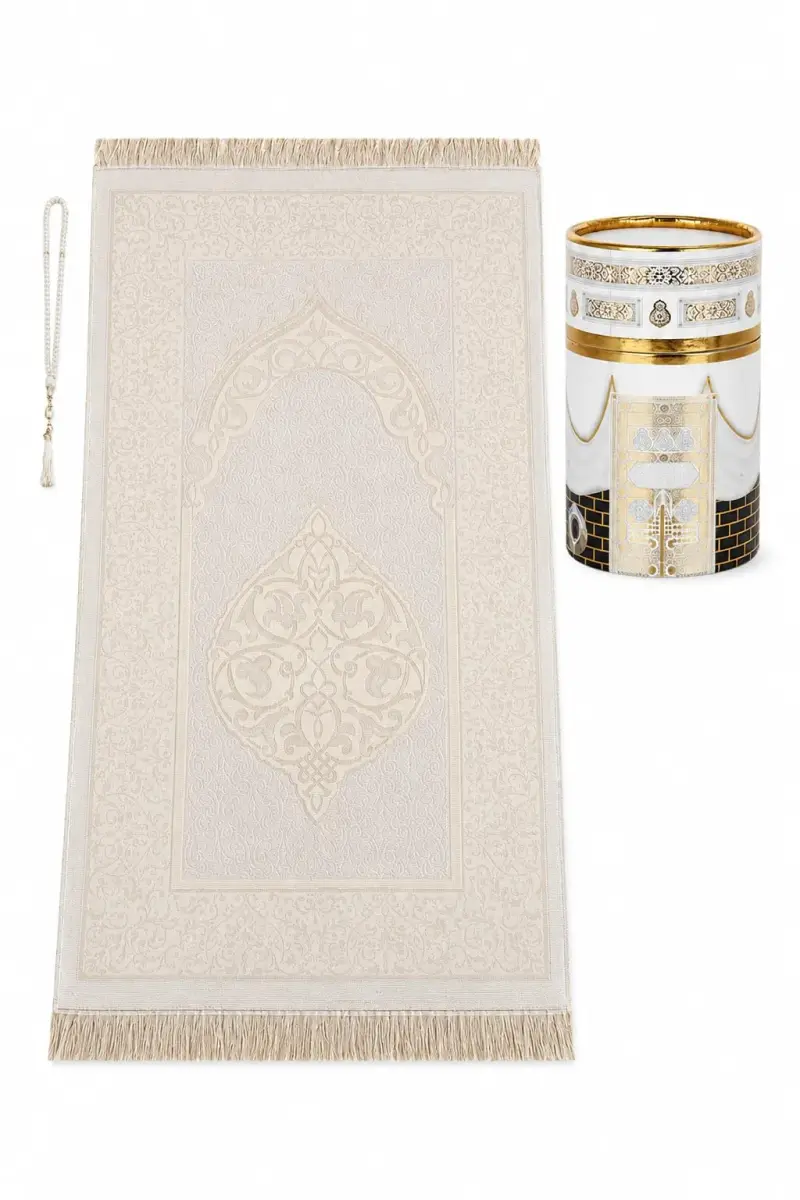 ihvan online White/Mod2 Prayer Rug with Beads - 117cm x 71cm | Soft Taffeta Islamic Janamaz - main product image