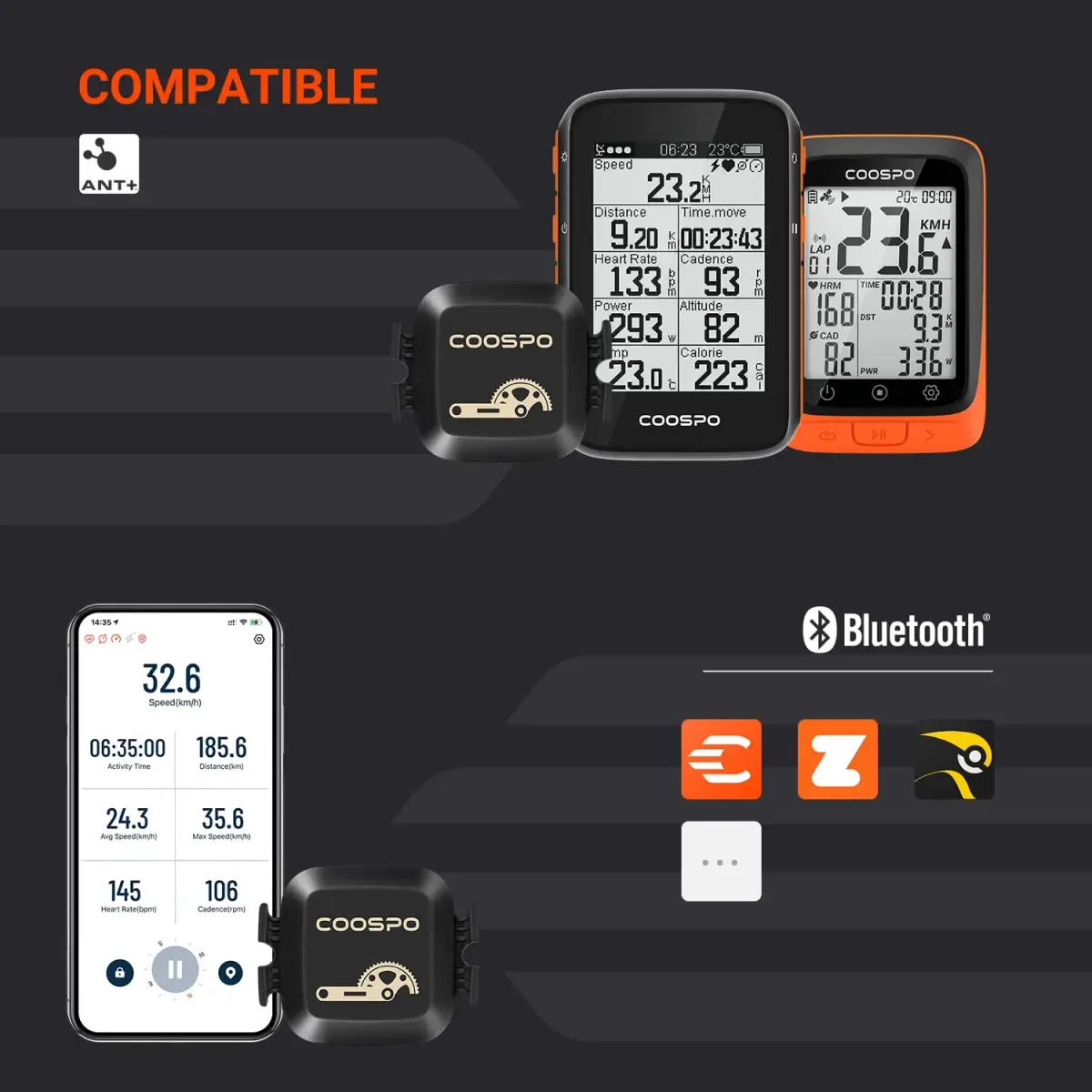 COOSPO GPS Cycling Computer BC107 & Bike Cadence/Speed Sensor BK467 | 2.4 Inch Auto-Backlight Display, Bluetooth/ANT+ - view 6