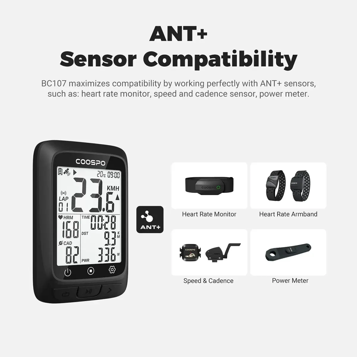 COOSPO GPS Cycling Computer BC107 & Bike Cadence/Speed Sensor BK467 | 2.4 Inch Auto-Backlight Display, Bluetooth/ANT+ - view 4