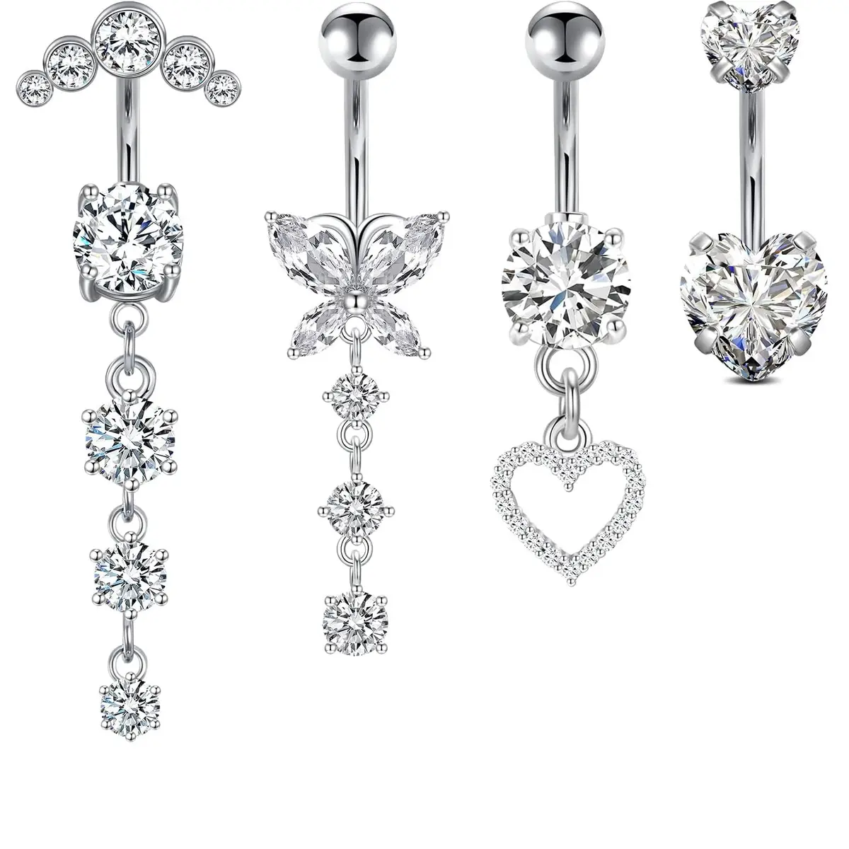 LAURITAMI 14G Belly Button Ring Set 4 Pcs | Silver Tone CZ Butterfly & Heart Designs for Summer - main product image