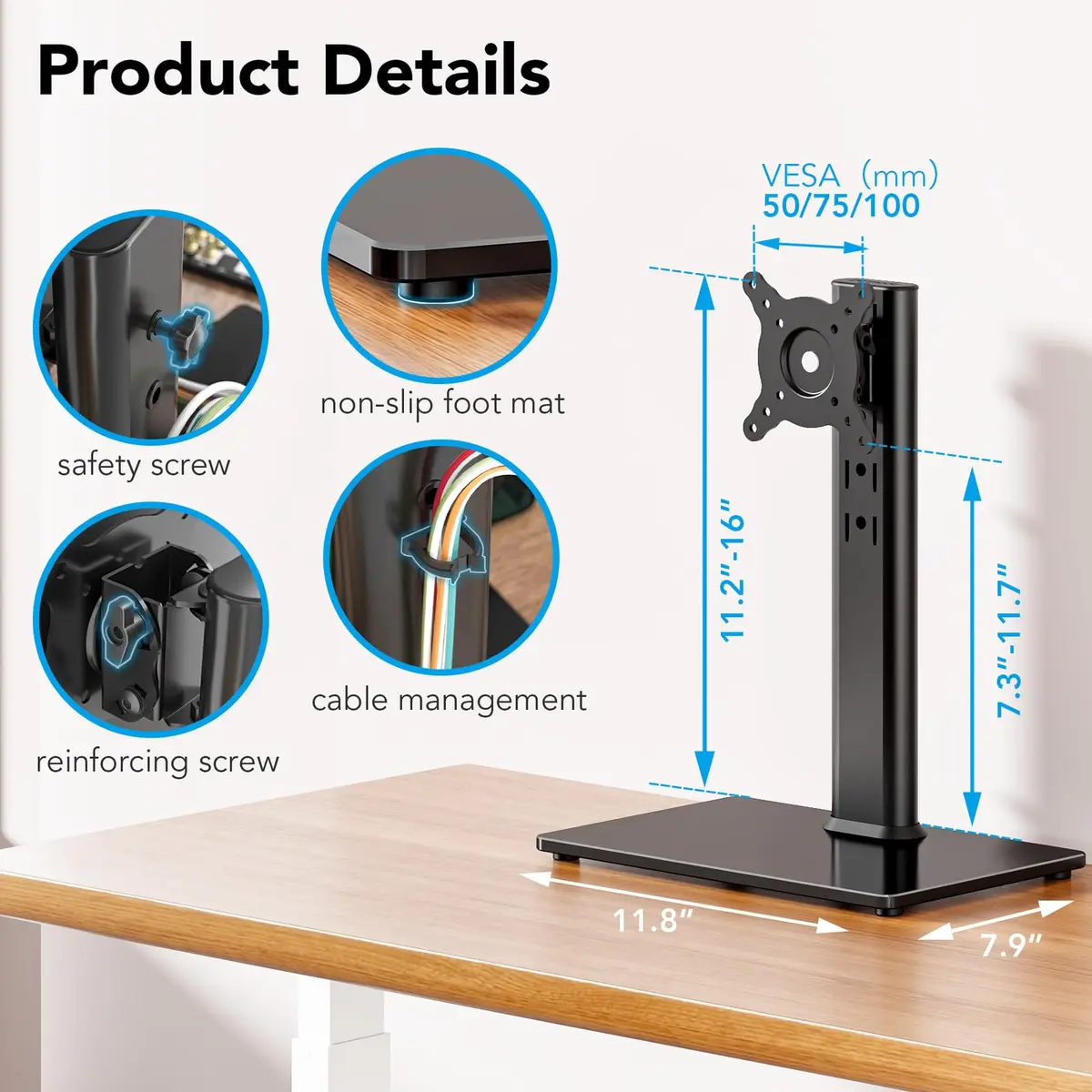 AX WABER Single Monitor Desk Stand 13-32 inch | Freestanding VESA Mount with Adjustable Height, Tilt, Swivel, Rotation - view 7
