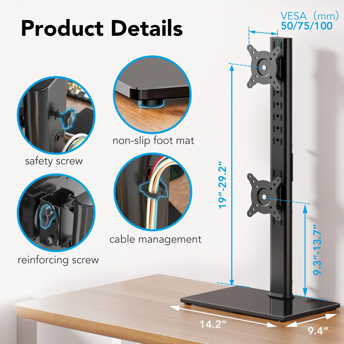 AX WABER Dual Monitor Stand Vertical Stack Screen Free-Standing Desk Mount Arm Riser Fits Two 13 to 34 Inch Computer Monitors with Swivel,Tilt, Height Adjustable,VESA Stand 100x100mm, 75x75mm - view 6