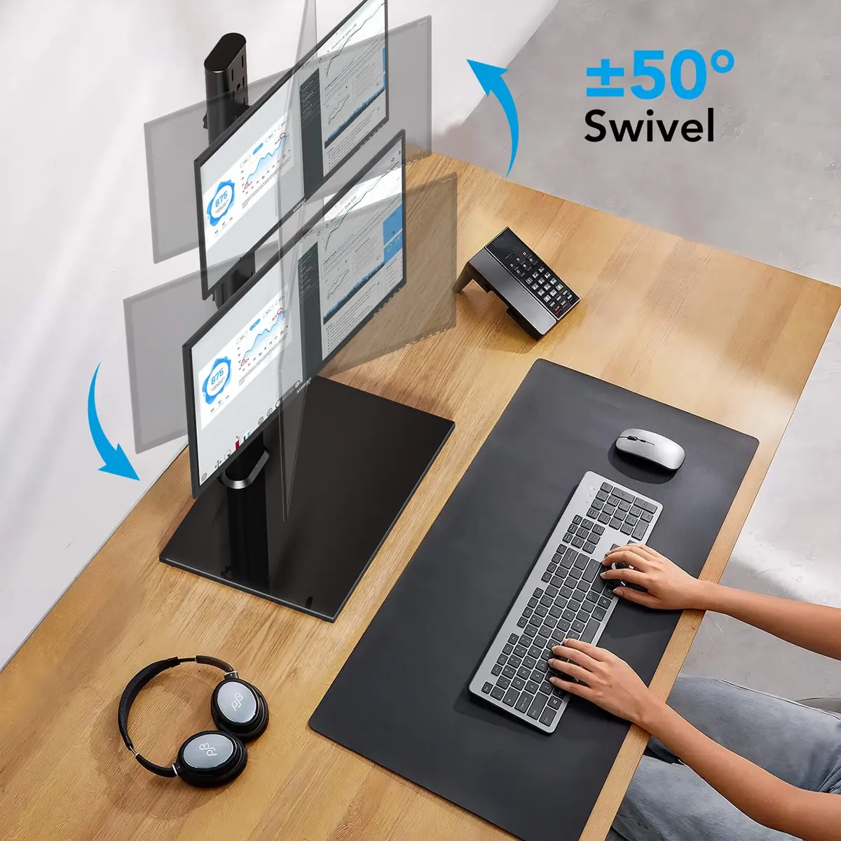 AX WABER Dual Monitor Stand Vertical Stack Screen Free-Standing Desk Mount Arm Riser Fits Two 13 to 34 Inch Computer Monitors with Swivel,Tilt, Height Adjustable,VESA Stand 100x100mm, 75x75mm - view 4