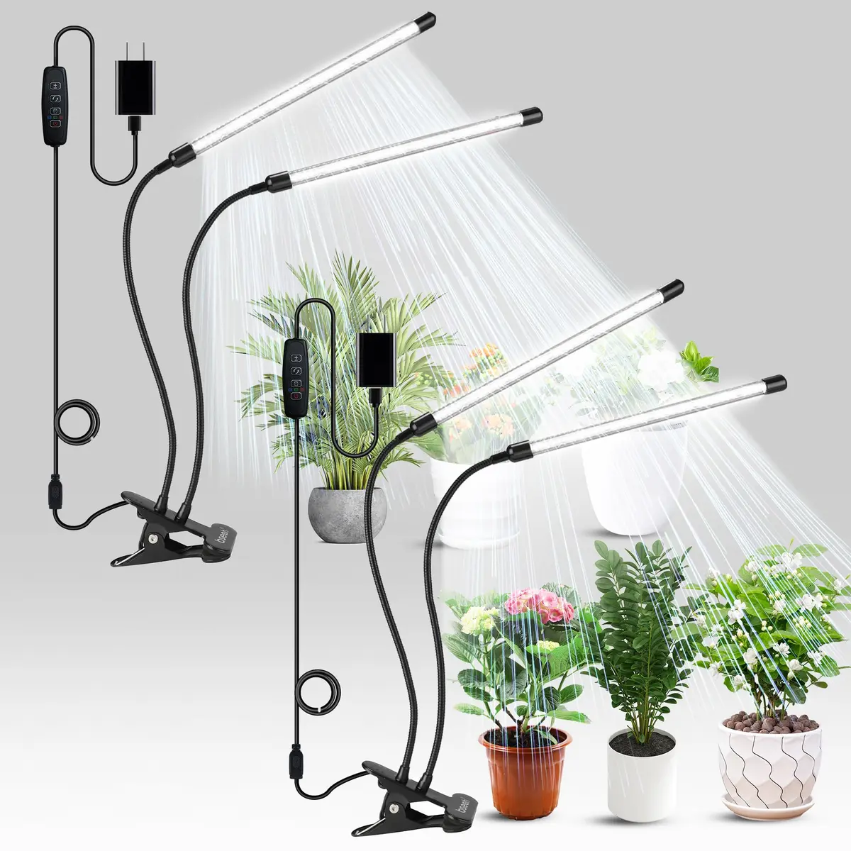 bseah Full Spectrum LED Grow Light for Indoor Plants, 2-Head 2-Pack with Timer & Dimmable, 10-Level Brightness, E27 Base - main product image