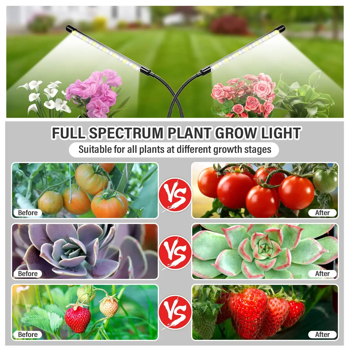bseah Full Spectrum LED Grow Light for Indoor Plants, 2-Head 2-Pack with Timer & Dimmable, 10-Level Brightness, E27 Base - view 3