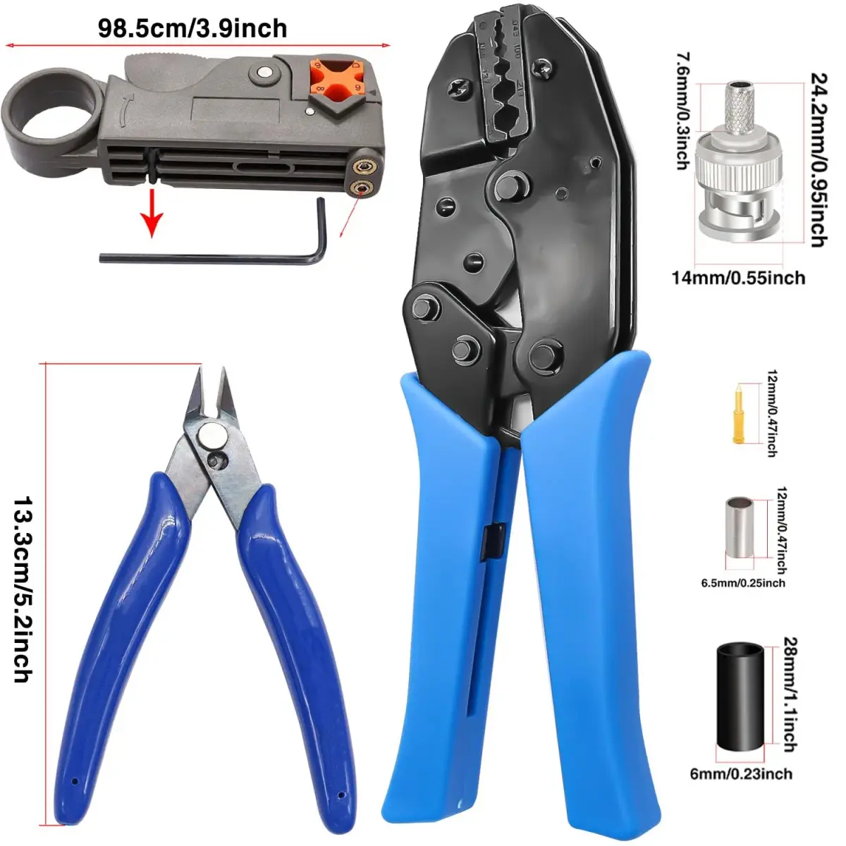 Taiss Coaxial Cable Tool Kit with BNC Crimp Tool & 10 Connectors | 0.715 kg (1.58 lb) Ratchet Crimper - view 2