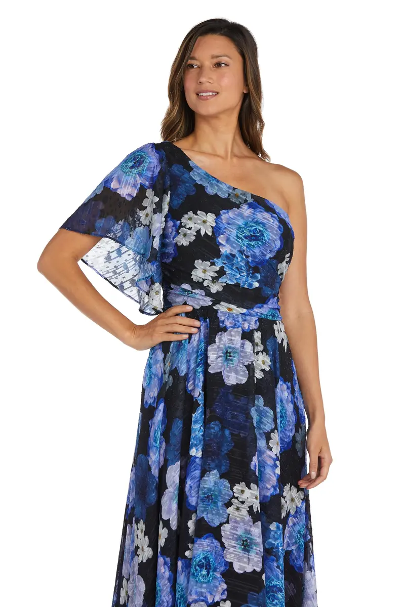 NIGHTWAY Women's One-Shoulder Floral Hi-Lo Gown | Flowy Maxi Dress W/Flutter Sleeve & Draped Bodice | Evening Cocktail Party Black/Royal - view 2