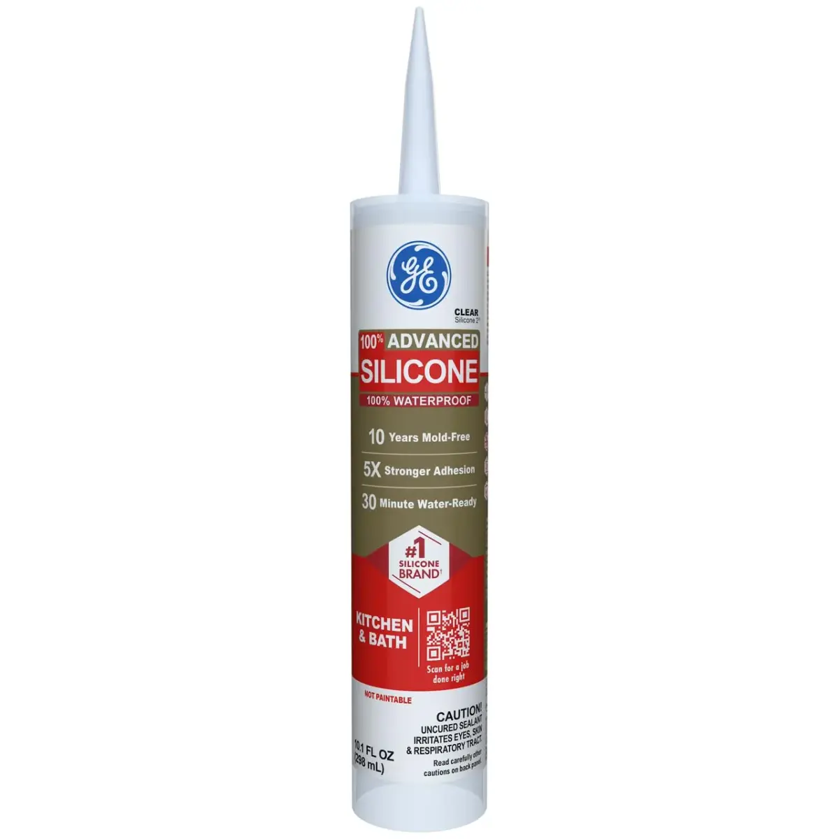 GE Advanced Silicone Caulk for Kitchen & Bathroom, Clear 295ml (10 fl oz) | 100% Waterproof Sealant - main product image