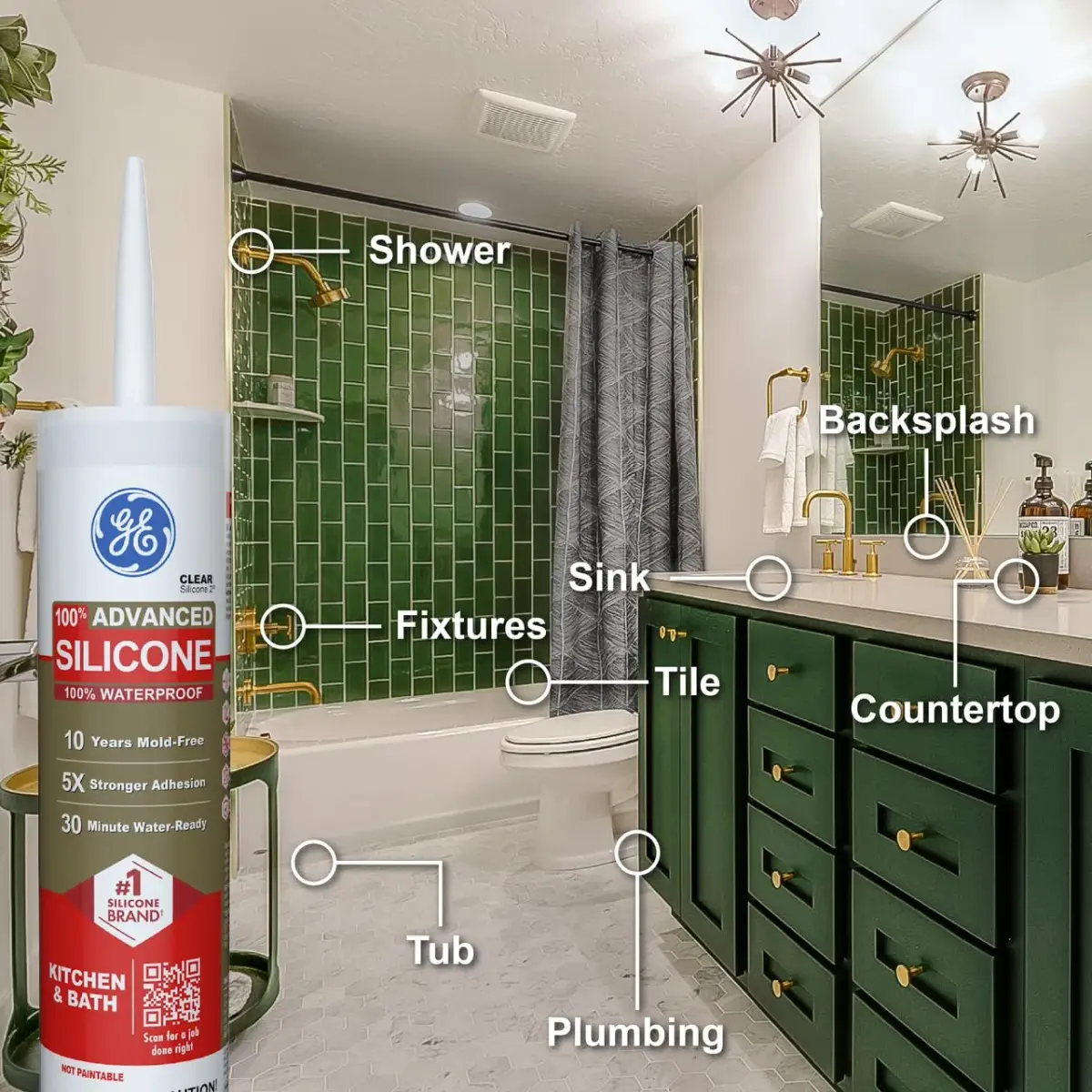 GE Advanced Silicone Caulk for Kitchen & Bathroom, Clear 295ml (10 fl oz) | 100% Waterproof Sealant - view 4