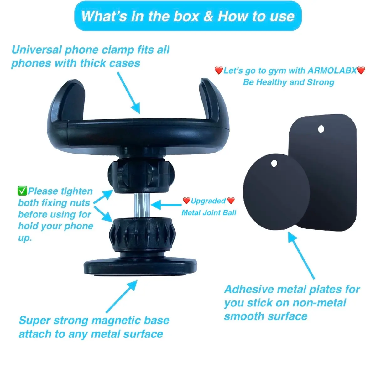 ARMOLABX Heavy Duty Magnetic Phone Holder Mount for Gym & All Metal Surfaces | Fits Big Phones & Thick Cases (Black) - view 6