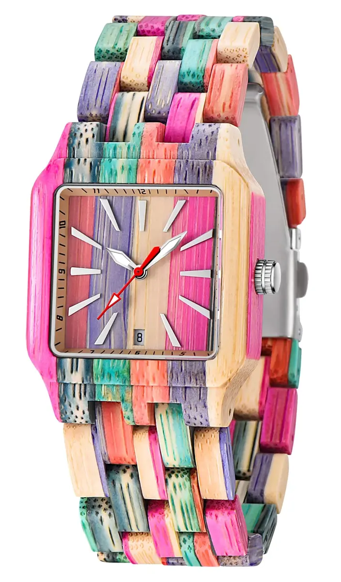 Dentily Women's Square Wood Watch Handmade Natural Wood Quartz Ladies Wristwatch with Multicolor Band | Adjustable Size - main product image