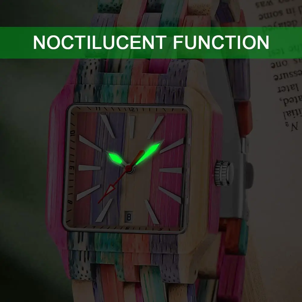 Dentily Women's Square Wood Watch Handmade Natural Wood Quartz Ladies Wristwatch with Multicolor Band | Adjustable Size - view 5