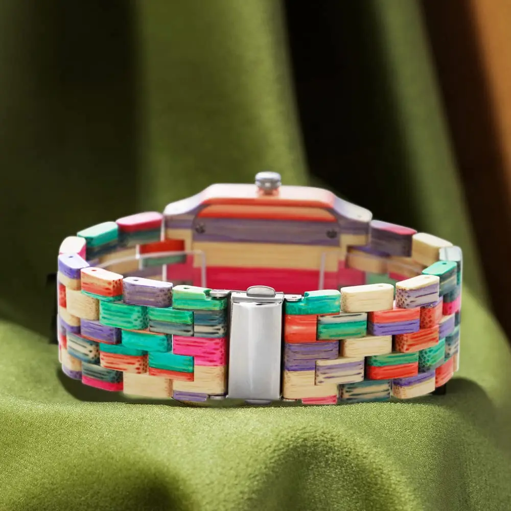 Dentily Women's Square Wood Watch Handmade Natural Wood Quartz Ladies Wristwatch with Multicolor Band | Adjustable Size - view 6