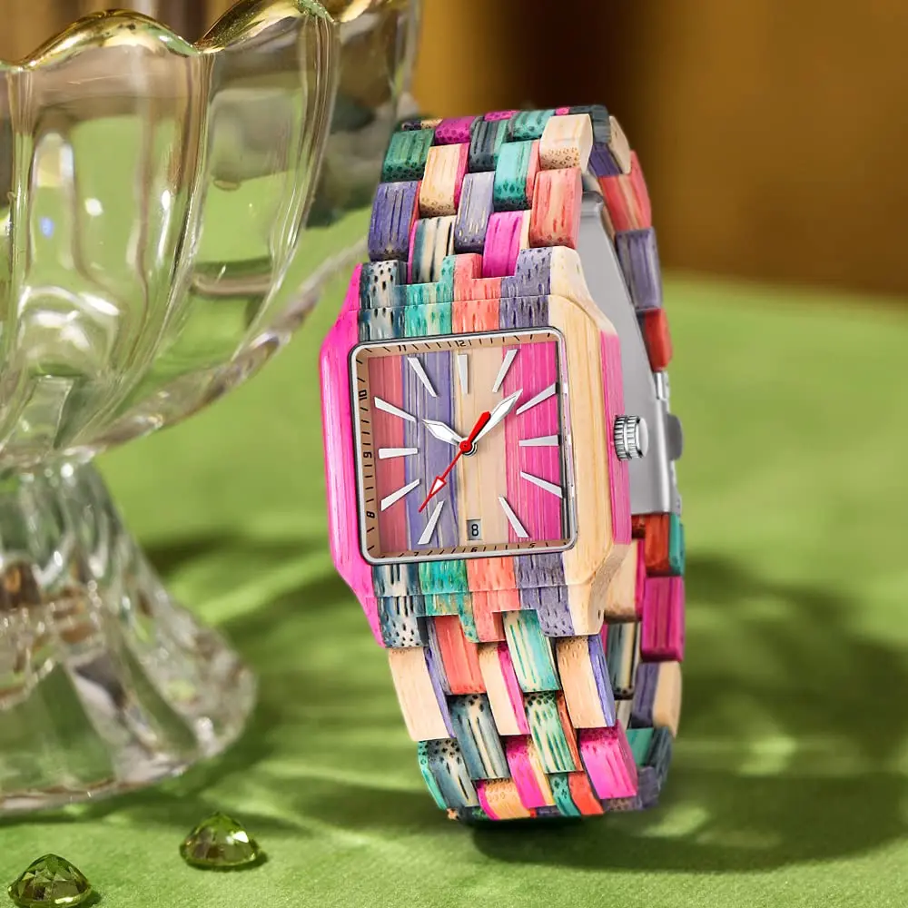 Dentily Women's Square Wood Watch Handmade Natural Wood Quartz Ladies Wristwatch with Multicolor Band | Adjustable Size - view 2