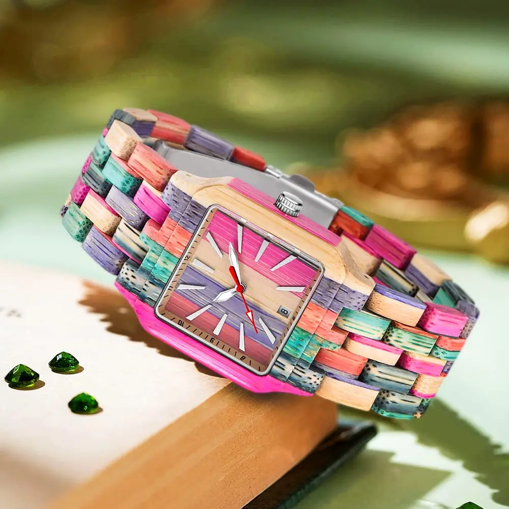 Dentily Women's Square Wood Watch Handmade Natural Wood Quartz Ladies Wristwatch with Multicolor Band | Adjustable Size - view 3