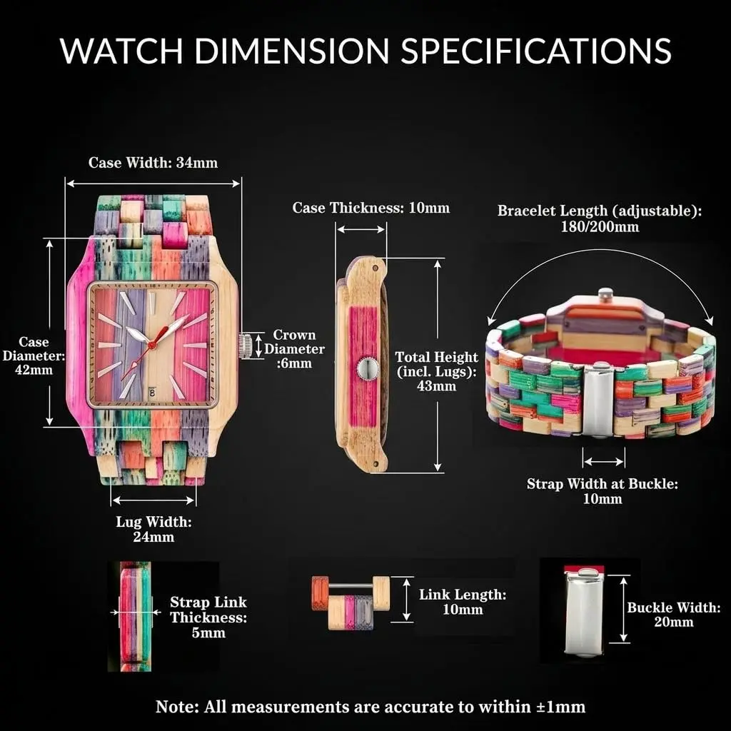 Dentily Women's Square Wood Watch Handmade Natural Wood Quartz Ladies Wristwatch with Multicolor Band | Adjustable Size - view 4