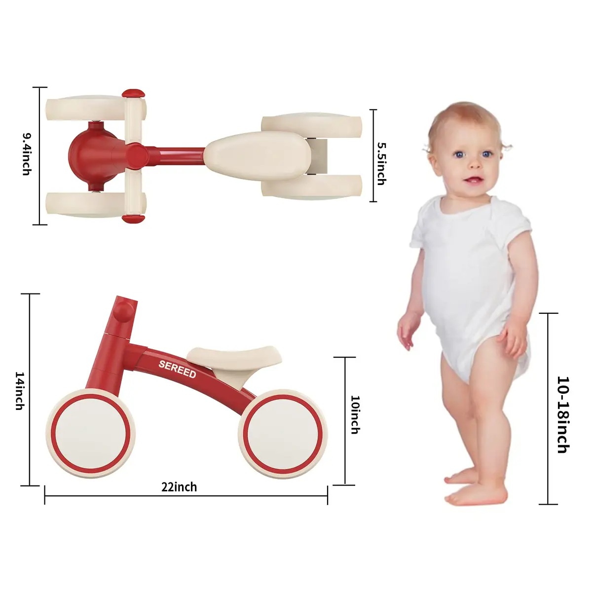 SEREED Baby Balance Bike Red 10 inches (25.4 cm) | First Birthday Gift Toy for Toddlers 12-24 Months - view 3