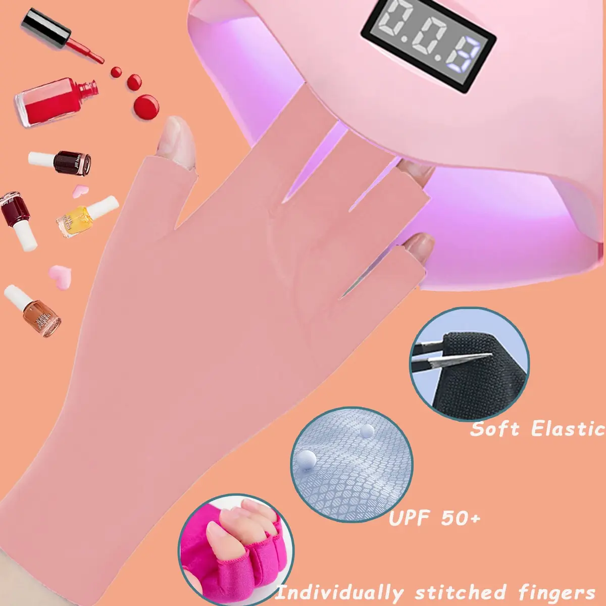 COOSLIM Pink Half-Finger UV Protection Gloves for Gel Nail Lamp | UPF 50+ for Manicures - view 6